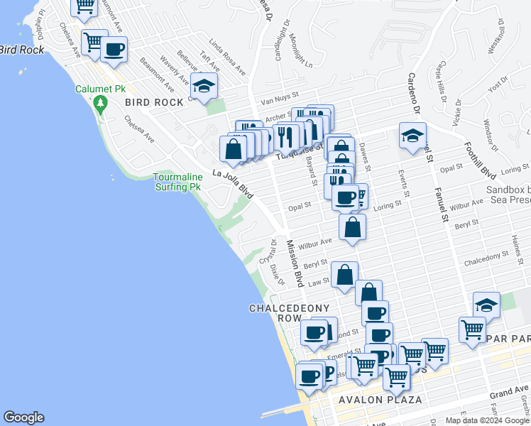 map of restaurants, bars, coffee shops, grocery stores, and more near 5075 La Jolla Boulevard in San Diego