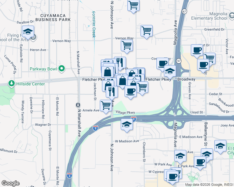 map of restaurants, bars, coffee shops, grocery stores, and more near 575 Fletcher Parkway in El Cajon