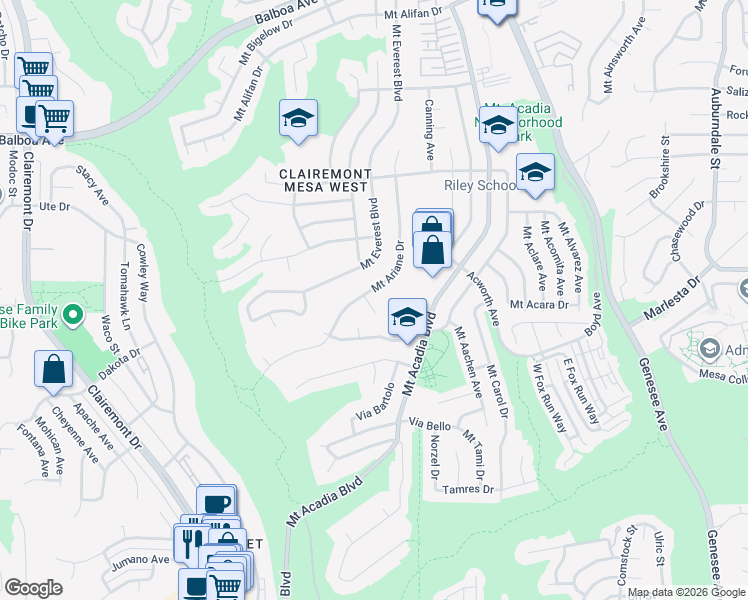 map of restaurants, bars, coffee shops, grocery stores, and more near 5250 Mount Ariane Court in San Diego