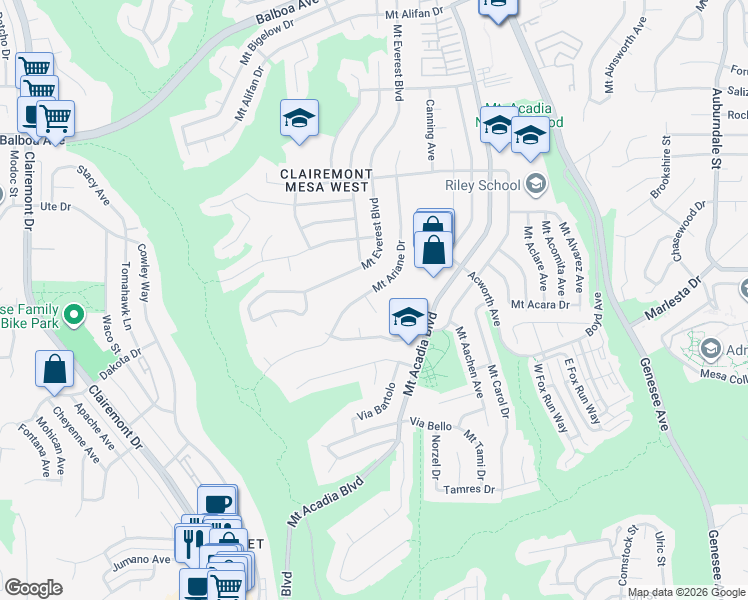 map of restaurants, bars, coffee shops, grocery stores, and more near 5250 Mount Ariane Court in San Diego