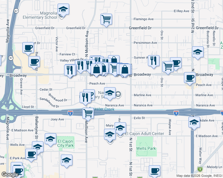 map of restaurants, bars, coffee shops, grocery stores, and more near 1037 Peach Avenue in El Cajon