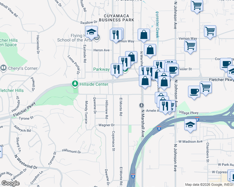 map of restaurants, bars, coffee shops, grocery stores, and more near 1240 Petree Street in El Cajon