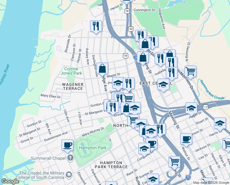 map of restaurants, bars, coffee shops, grocery stores, and more near 7 South Enston Avenue in Charleston