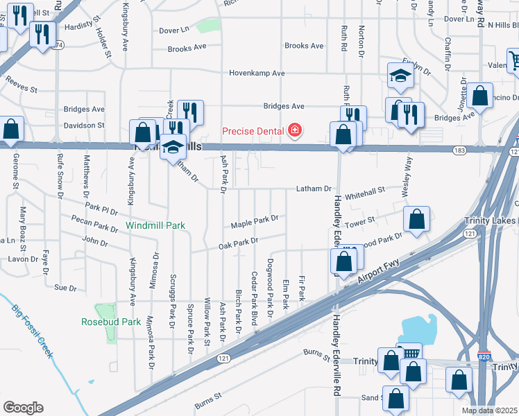 map of restaurants, bars, coffee shops, grocery stores, and more near 3113 Dogwood Park Drive in Richland Hills