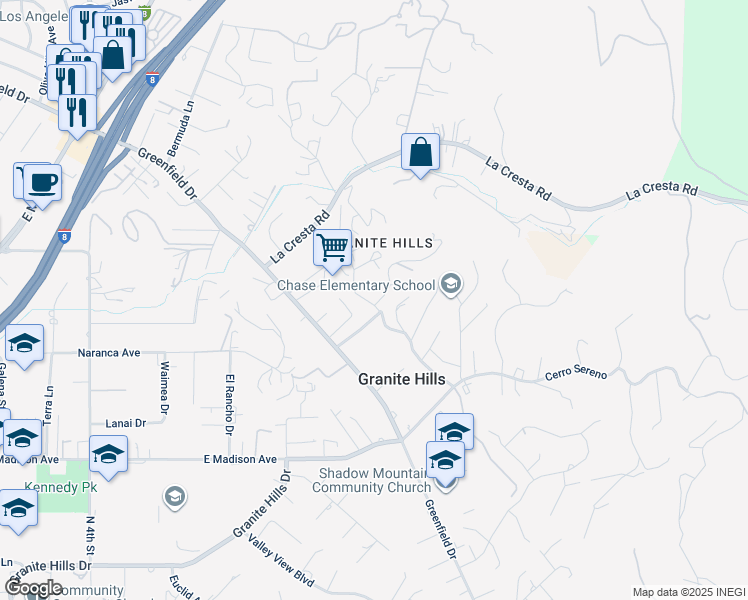 map of restaurants, bars, coffee shops, grocery stores, and more near Vista Valley Rim Place in El Cajon