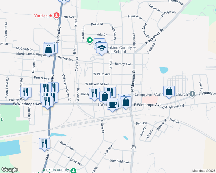 map of restaurants, bars, coffee shops, grocery stores, and more near 517 East Cleveland Avenue in Millen
