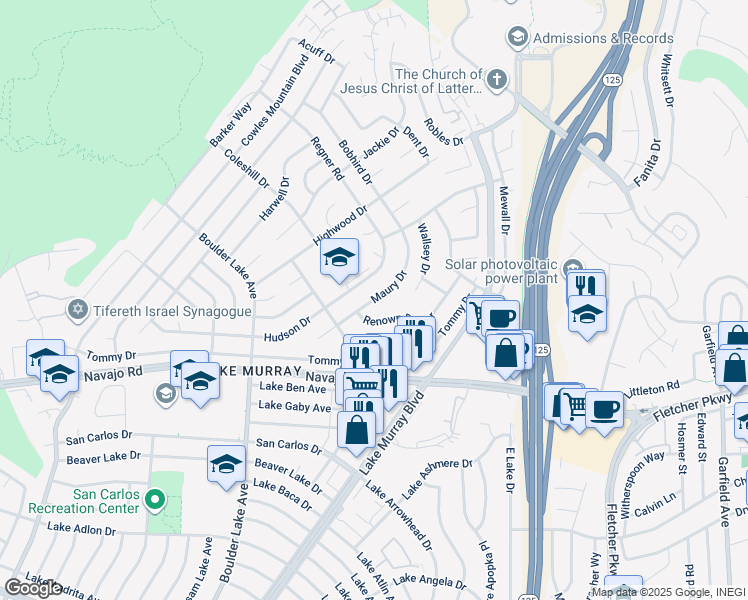 map of restaurants, bars, coffee shops, grocery stores, and more near Maury Drive in San Diego