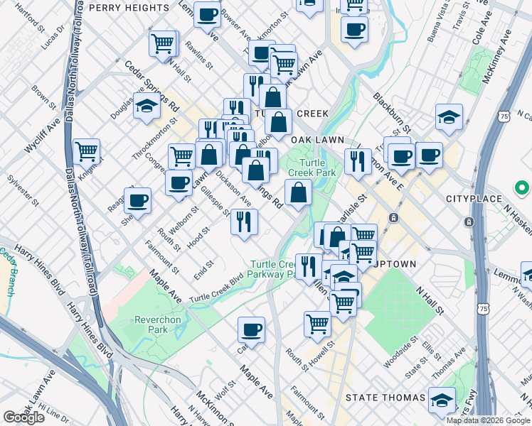 map of restaurants, bars, coffee shops, grocery stores, and more near 3427 Cedar Springs Road in Dallas