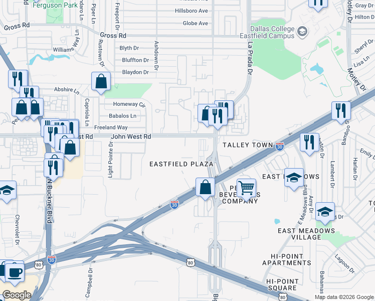 map of restaurants, bars, coffee shops, grocery stores, and more near 2626 John West Road in Mesquite