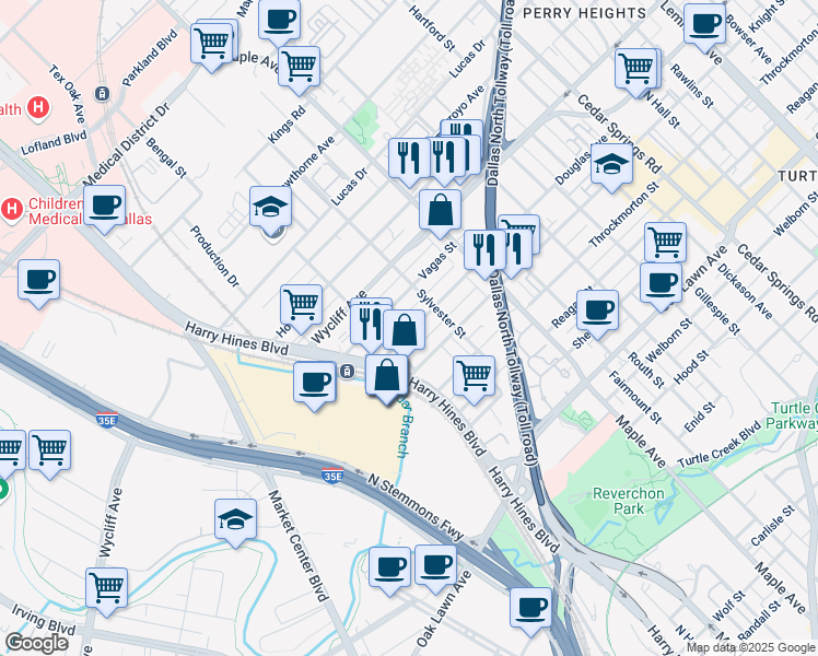map of restaurants, bars, coffee shops, grocery stores, and more near 2322 Vagas Street in Dallas