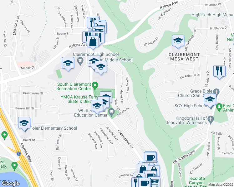 map of restaurants, bars, coffee shops, grocery stores, and more near 3611 Waco Street in San Diego