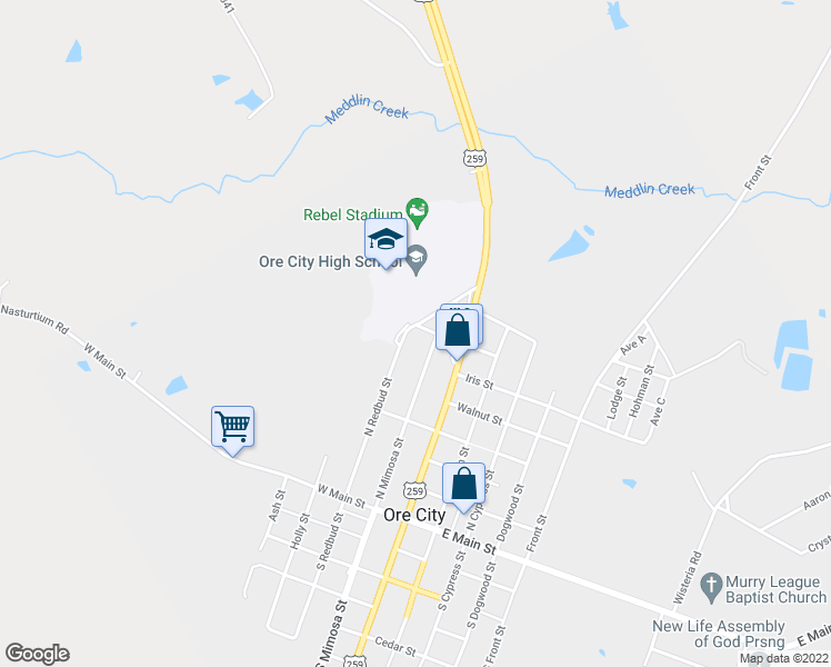 map of restaurants, bars, coffee shops, grocery stores, and more near 602 North Redbud Street in Ore City
