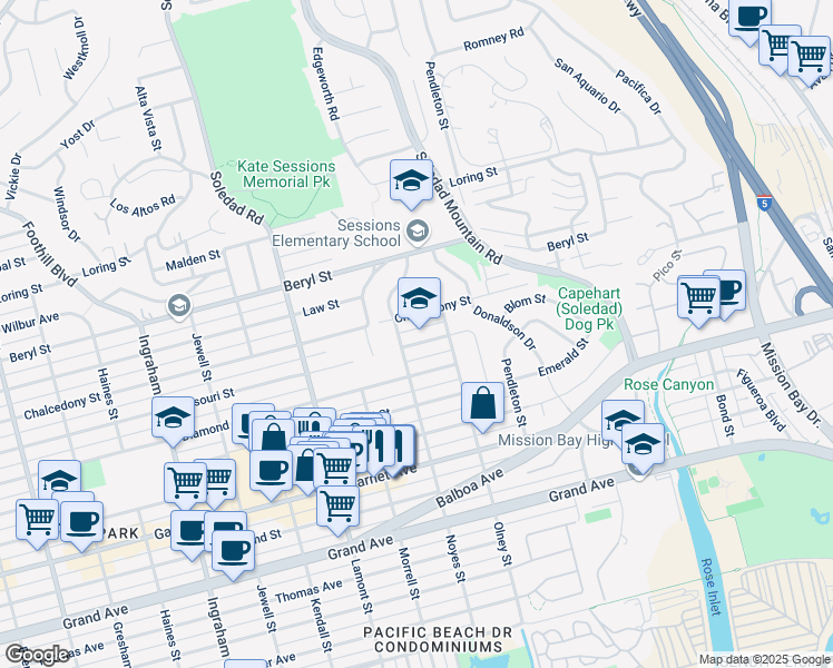map of restaurants, bars, coffee shops, grocery stores, and more near 2128 Missouri Street in San Diego