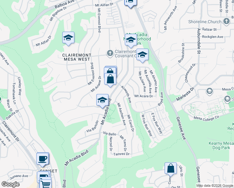 map of restaurants, bars, coffee shops, grocery stores, and more near 3564 Mount Acadia Boulevard in San Diego