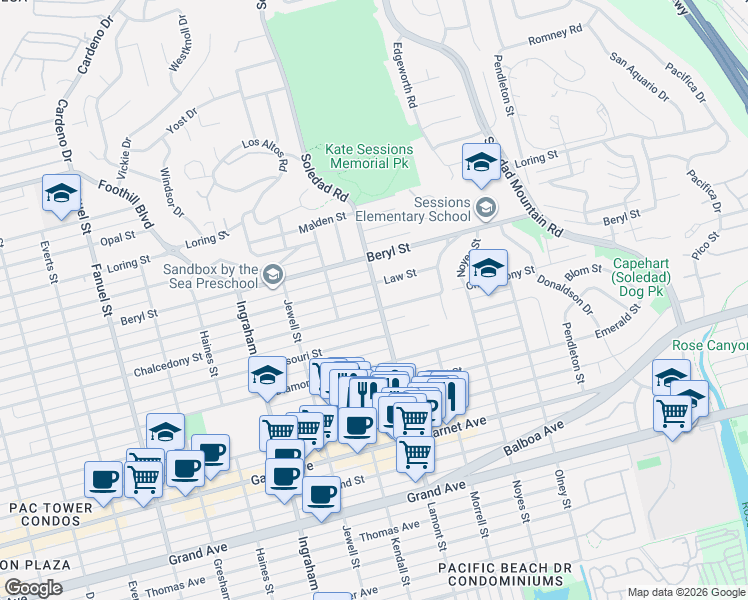 map of restaurants, bars, coffee shops, grocery stores, and more near 1909 Law Street in San Diego