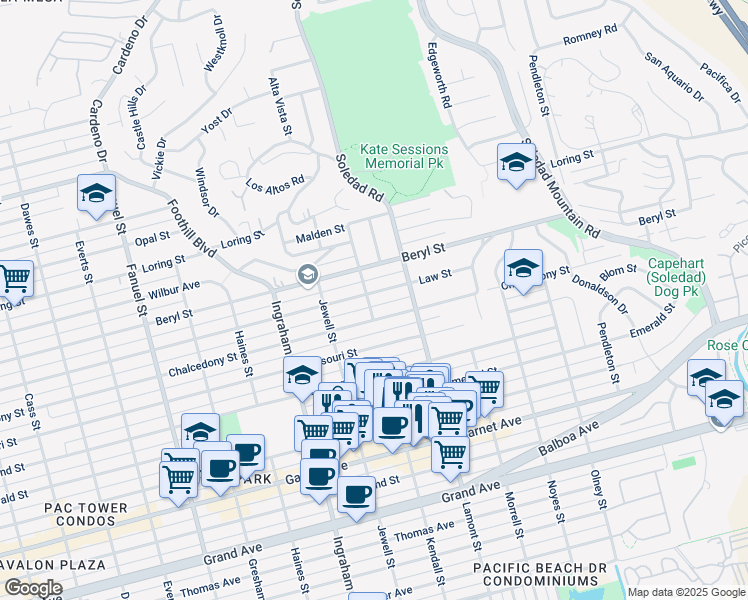 map of restaurants, bars, coffee shops, grocery stores, and more near 1814 Law Street in San Diego