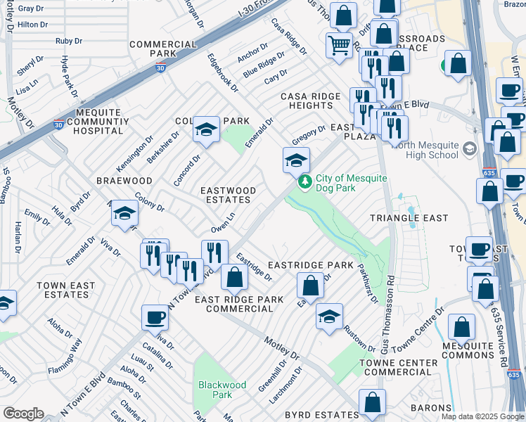 map of restaurants, bars, coffee shops, grocery stores, and more near 2906 Owen Lane in Mesquite