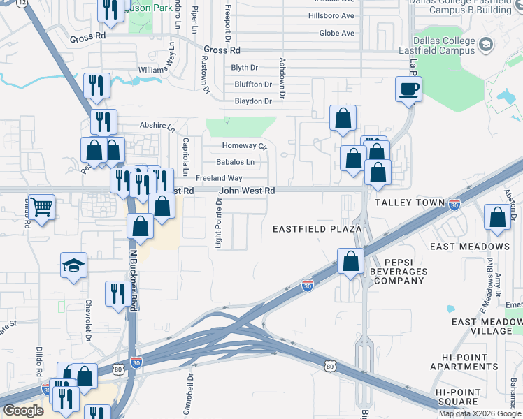 map of restaurants, bars, coffee shops, grocery stores, and more near 2350 Light Shore Drive in Dallas