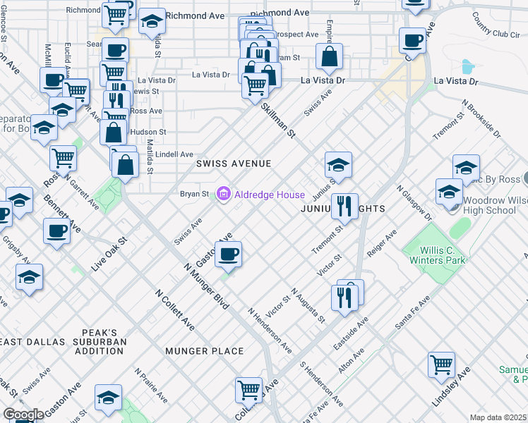 map of restaurants, bars, coffee shops, grocery stores, and more near 5597 Gaston Avenue in Dallas