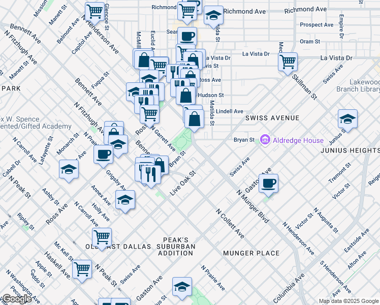 map of restaurants, bars, coffee shops, grocery stores, and more near 1506 North Garrett Avenue in Dallas