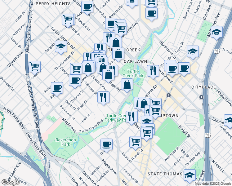 map of restaurants, bars, coffee shops, grocery stores, and more near 3400 Cedar Springs Road in Dallas