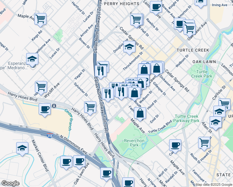 map of restaurants, bars, coffee shops, grocery stores, and more near 2626 Reagan Street in Dallas