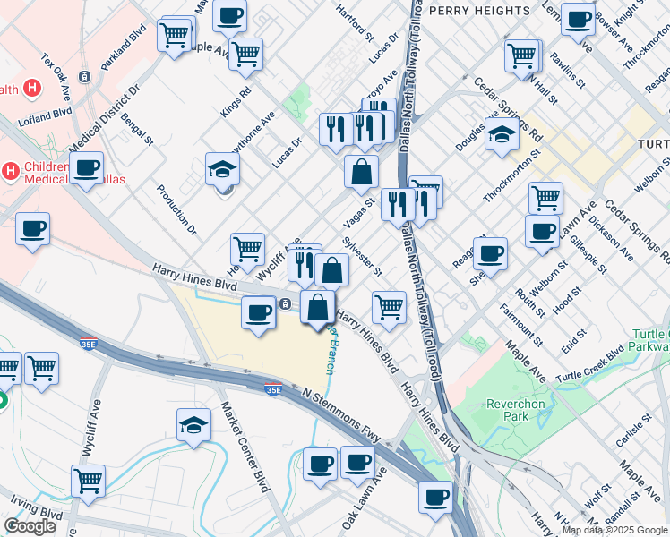map of restaurants, bars, coffee shops, grocery stores, and more near 2322 Vagas Street in Dallas