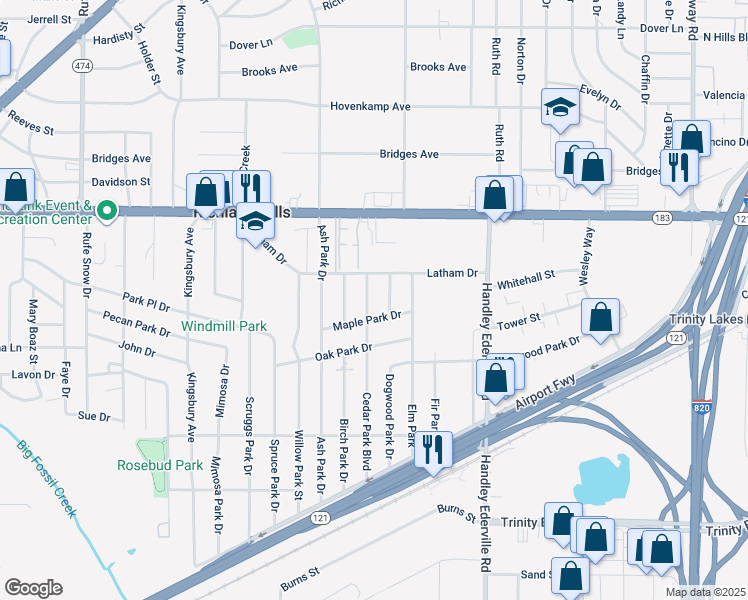 map of restaurants, bars, coffee shops, grocery stores, and more near 3113 Dogwood Park Drive in Richland Hills