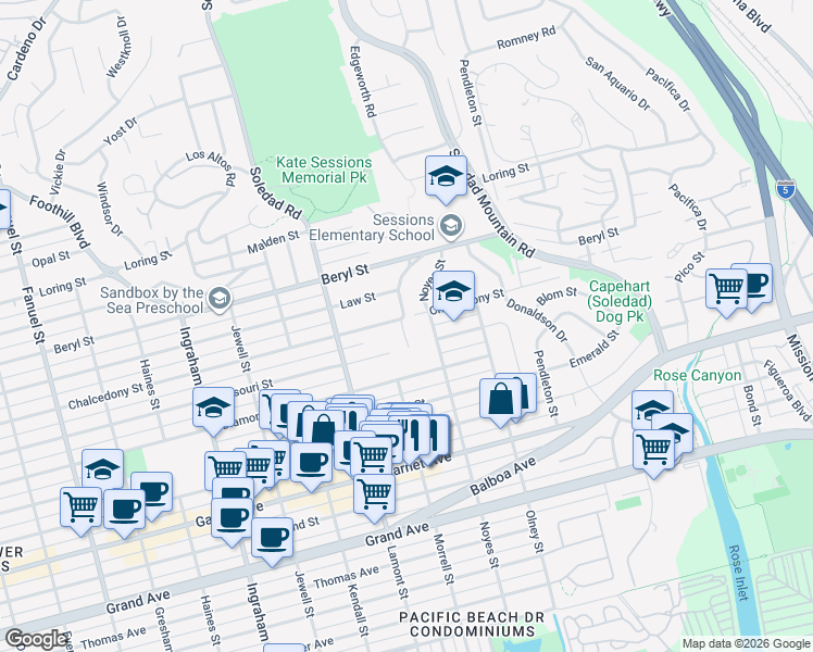 map of restaurants, bars, coffee shops, grocery stores, and more near 4801 Academy Street in San Diego