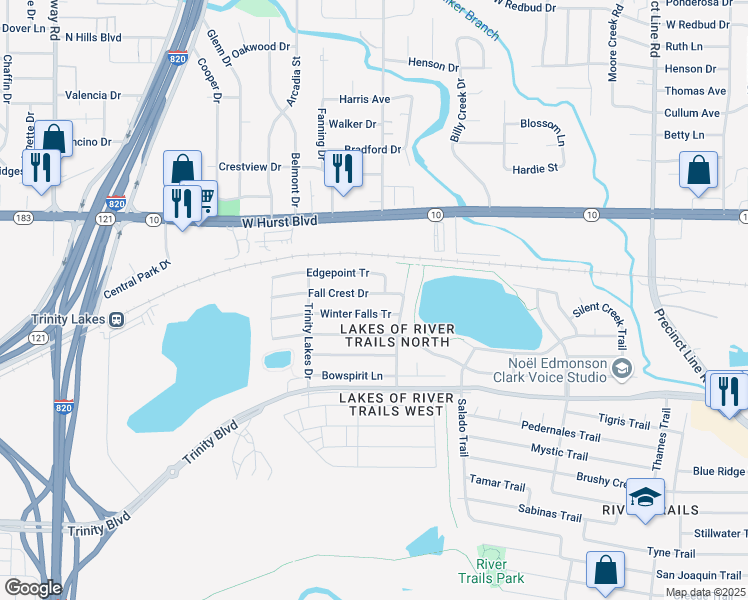 map of restaurants, bars, coffee shops, grocery stores, and more near 8372 Edgepoint Tr in Hurst