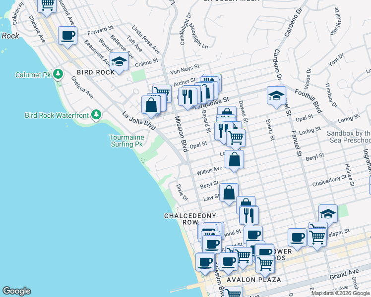 map of restaurants, bars, coffee shops, grocery stores, and more near Mission Blvd & Opal St in San Diego