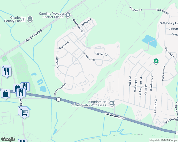 map of restaurants, bars, coffee shops, grocery stores, and more near 1445 Seabago Drive in Charleston