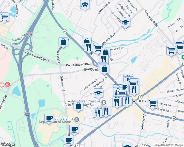 map of restaurants, bars, coffee shops, grocery stores, and more near 1443 Savage Road in Charleston