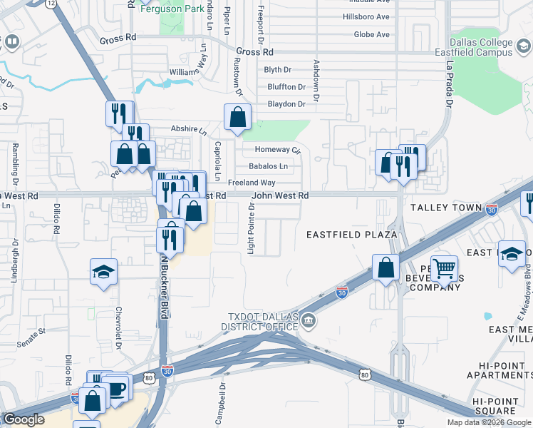 map of restaurants, bars, coffee shops, grocery stores, and more near 2319 Great Light Drive in Dallas