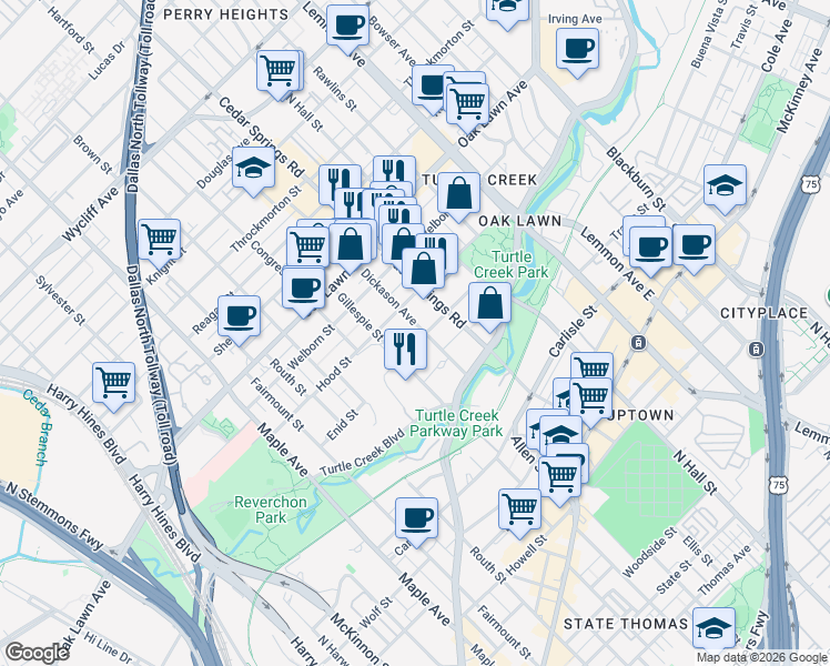 map of restaurants, bars, coffee shops, grocery stores, and more near 3512 Dickason Avenue in Dallas