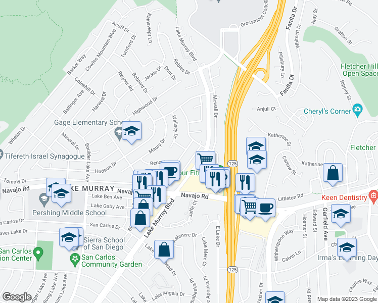 map of restaurants, bars, coffee shops, grocery stores, and more near 8747 Verlane Drive in San Diego