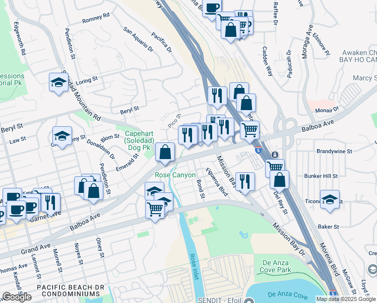 map of restaurants, bars, coffee shops, grocery stores, and more near 114 Pico Place in San Diego