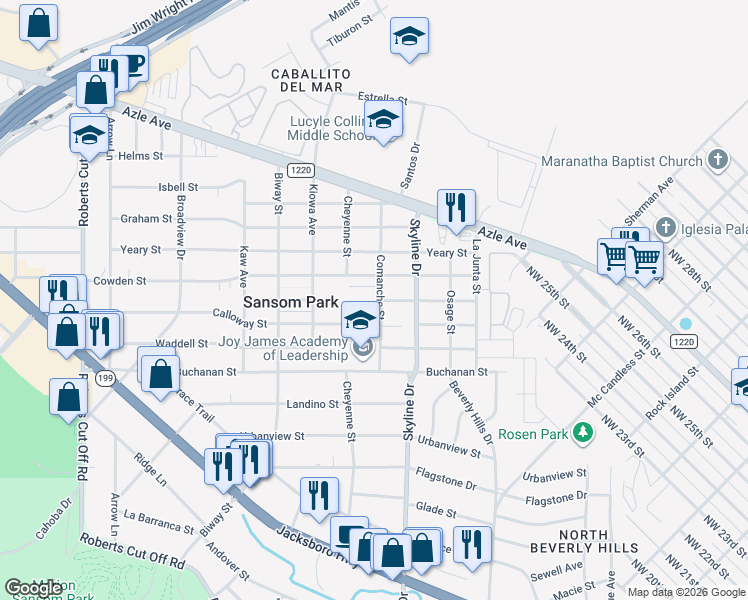 map of restaurants, bars, coffee shops, grocery stores, and more near 5302 Joshua Court in Fort Worth