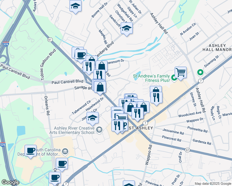 map of restaurants, bars, coffee shops, grocery stores, and more near 1725 Savage Road in Charleston