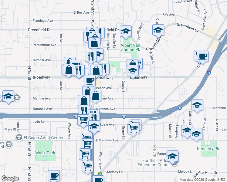 map of restaurants, bars, coffee shops, grocery stores, and more near 1364 Peach Avenue in El Cajon