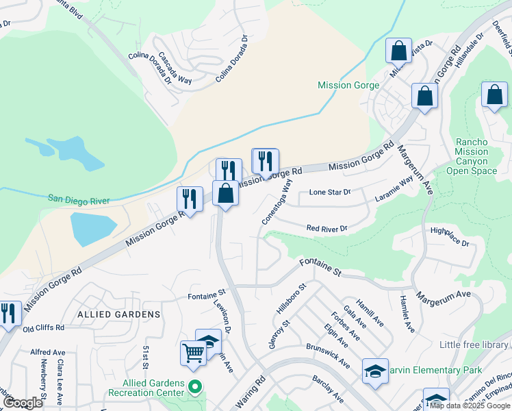 map of restaurants, bars, coffee shops, grocery stores, and more near 5428 Chaparajos Court in San Diego