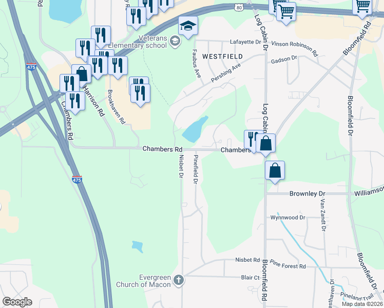 map of restaurants, bars, coffee shops, grocery stores, and more near 4901 Pinefield Drive in Macon