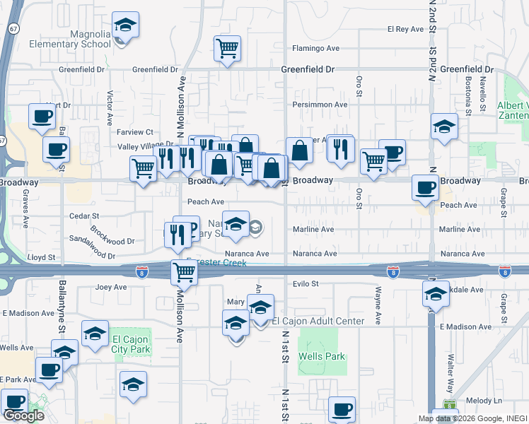 map of restaurants, bars, coffee shops, grocery stores, and more near 17 Peach Avenue in El Cajon