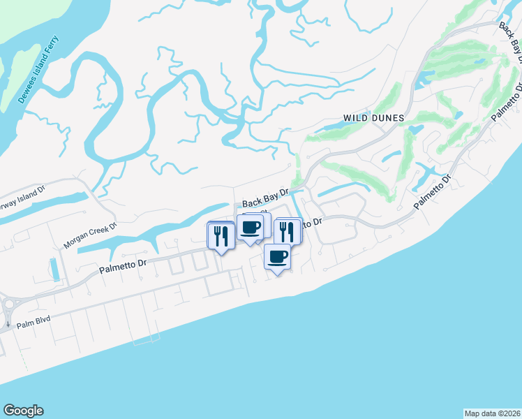 map of restaurants, bars, coffee shops, grocery stores, and more near 5825 Back Bay Drive in Isle of Palms