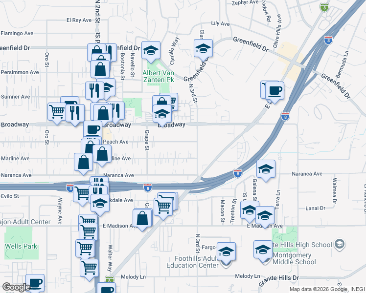 map of restaurants, bars, coffee shops, grocery stores, and more near 1474 Peach Avenue in El Cajon