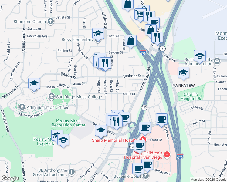 map of restaurants, bars, coffee shops, grocery stores, and more near 3427 Bevis Street in San Diego