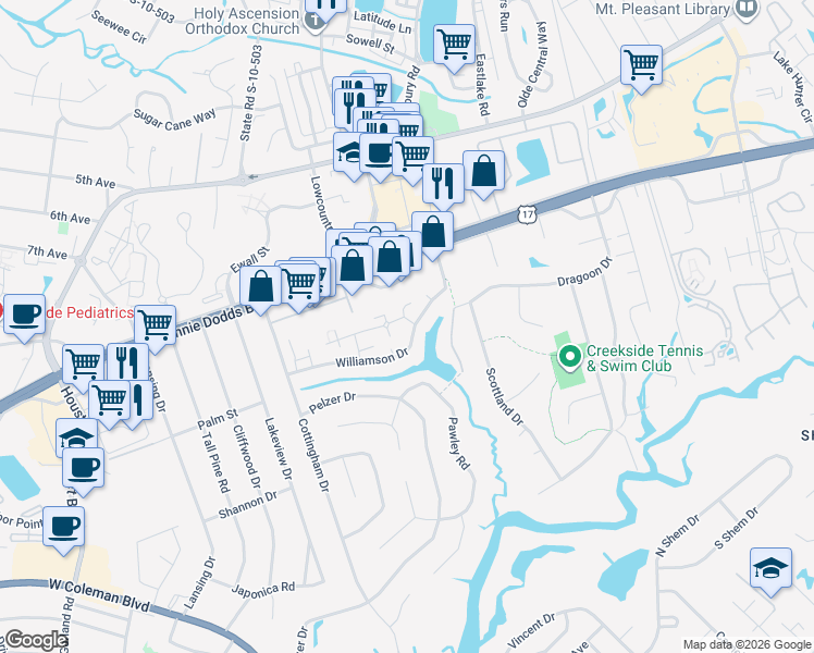 map of restaurants, bars, coffee shops, grocery stores, and more near 910 Beresford Court in Mount Pleasant