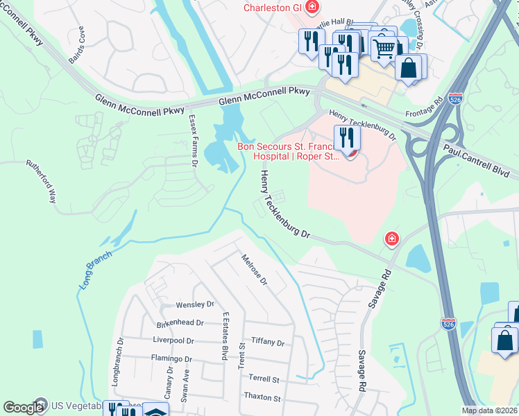 map of restaurants, bars, coffee shops, grocery stores, and more near 2317 Watchtower Lane in Charleston
