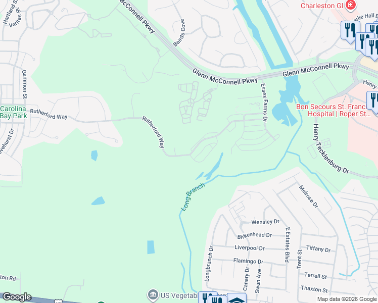 map of restaurants, bars, coffee shops, grocery stores, and more near 1905 Clay Lane in Charleston