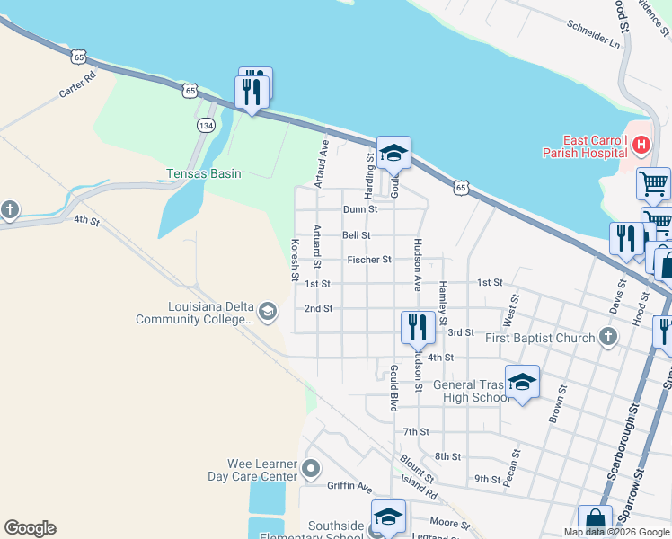 map of restaurants, bars, coffee shops, grocery stores, and more near 1501-1599 Fischer Street in Lake Providence
